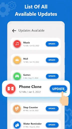 Updates available for Music, Mail, Games, Phone Clone, Step Counter, and Water Reminder with blue UPDATE buttons