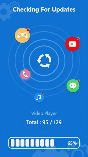 Checking for updates progress screen showing 65% completion with 95 of 129 apps scanned and refresh icon