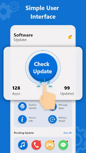 Main dashboard with Check Update button displaying 128 total apps and 99 updated plus system and device management options