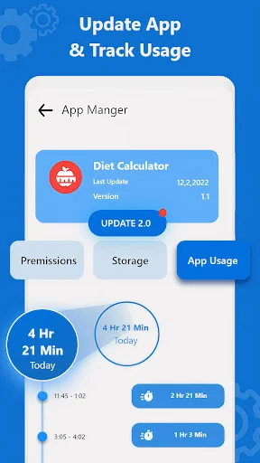 App Manager displaying Diet Calculator with UPDATE 2.0 button and Permissions, Storage, and App Usage tracking tabs