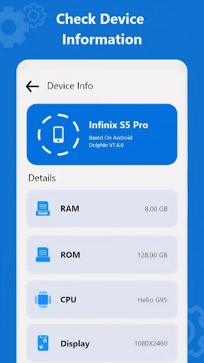 Device Information for Infinix S5 Pro showing RAM 8GB, ROM 128GB, Helio G95 CPU, and 1080x2460 display specifications