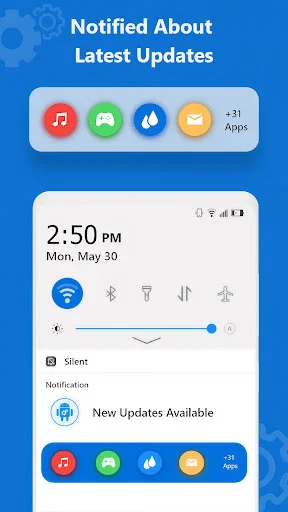 Notification screen showing new updates available with app icons, system status bar, time display, and Silent notification option