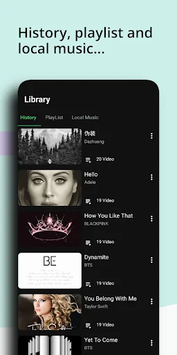 Song Finder library showing History, Playlist, and Local Music tabs with identified songs and music videos list