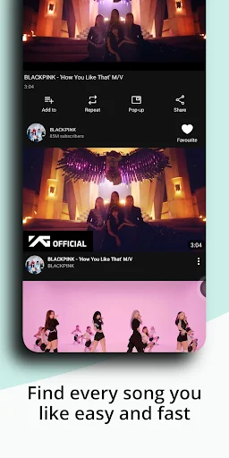 Song Finder displaying BLACKPINK music video result with save, reload, details, and share action buttons available