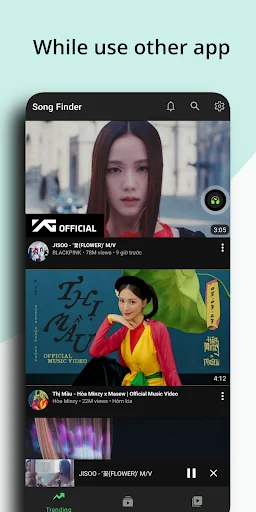 Song Finder floating player identifying music while simultaneously using other mobile apps and browsing content