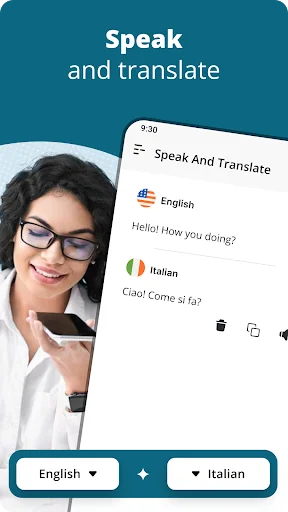Voice translation interface showing English to Italian conversation with source and translated text visible.