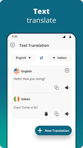 Text translation interface displaying English to Italian translation of hello phrase with new translation button