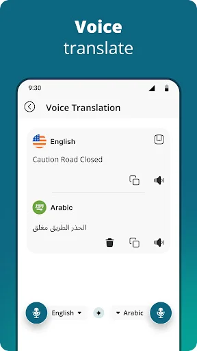 Voice translation feature with microphone controls for translating English speech to Arabic language in real-time