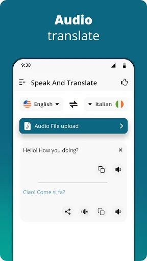Audio file translation feature for uploading and translating spoken English audio content to Italian language