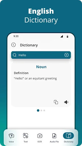English dictionary lookup showing word definition, pronunciation, and part of speech classification as noun
