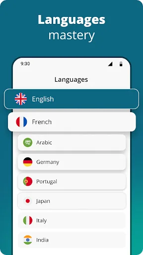 Languages mastery screen displaying list of available languages including English, French, Arabic, German, Portuguese, Japanese, Italian, India
