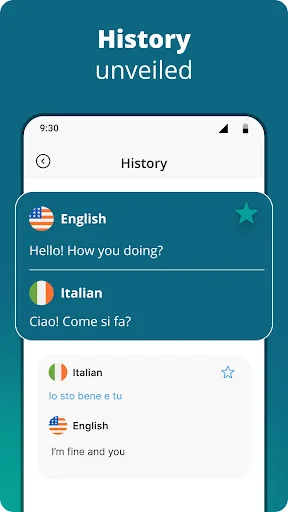 Translation history page showing saved translations between English and Italian languages with star rating options