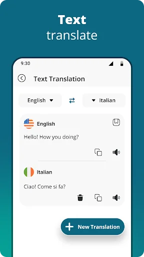 Text translation feature displaying English and Italian text with copy and audio playback options for translations.