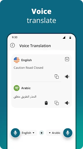 Voice translation interface with English to Arabic conversion, showing microphone icons for speech input and output.
