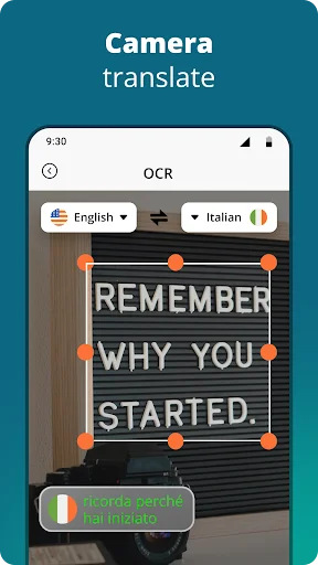 OCR feature capturing text from camera for English to Italian translation with adjustment handles visible on screen.