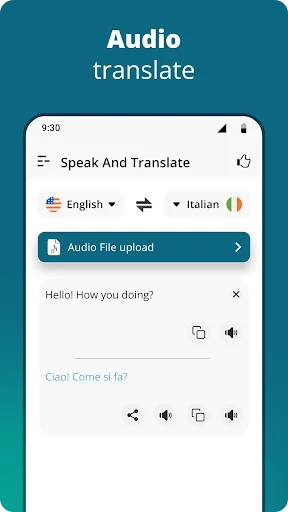 Audio file translation interface allowing upload and translation of audio files from English to Italian with playback.