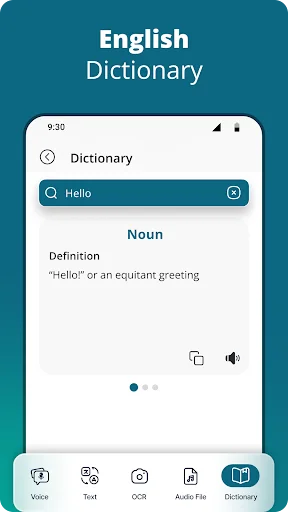Dictionary lookup showing word definitions and pronunciation for English words with search functionality.