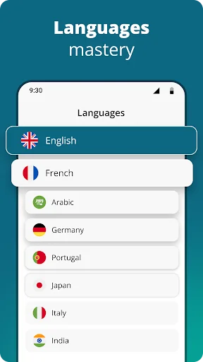Language selection menu displaying available translation languages with country flags and language names.