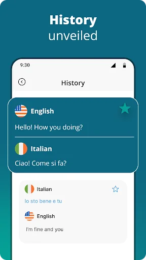 Translation history view showing previously translated phrases between English and Italian with star ratings.