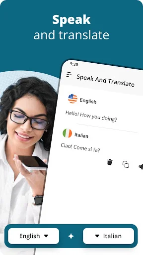 Speak and translate app showing woman using speech-to-text translation from English to Italian with greeting example