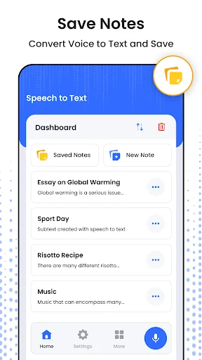 Speech to Text dashboard displaying saved voice notes with options to create new notes and access Home, Settings features