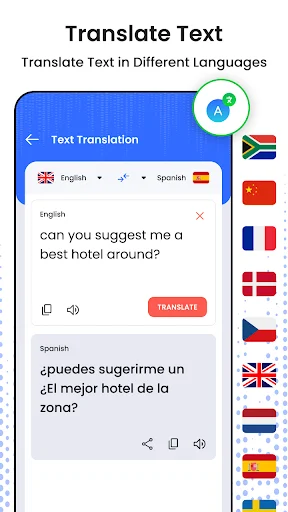 Text Translation feature converting English to Spanish with multilingual support, copy, share, and audio playback options