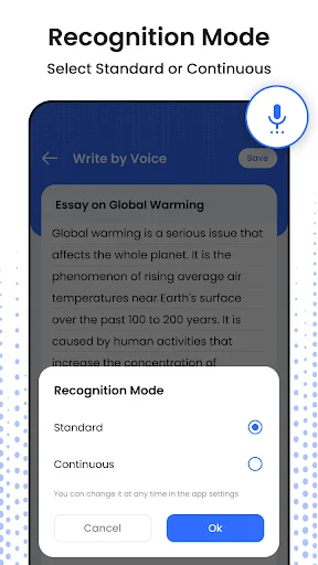 Recognition Mode dialog with Standard and Continuous speech-to-text options while writing an essay on Global Warming
