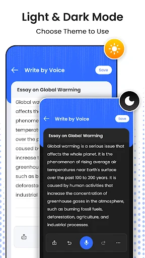 Write by Voice interface with Light and Dark theme options for converting speech to text while composing an essay