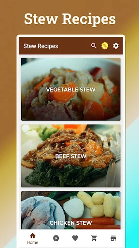 Stew Recipes home screen displaying Vegetable Stew, Beef Stew, and Chicken Stew recipe cards for easy browsing