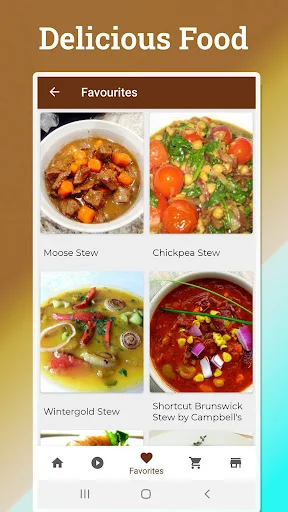Favorites section showing four saved stew recipes: Moose, Chickpea, Wintergold, and Brunswick stew meal options