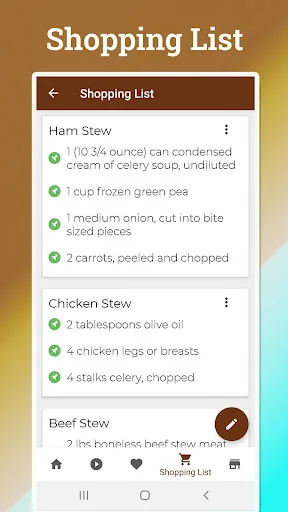 Shopping List organizing ingredients for Ham, Chicken, and Beef Stew recipes with completed item checkmarks