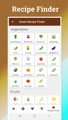 Smart Recipe Finder with selectable vegetable and fruit ingredients to search for crock pot stew recipes