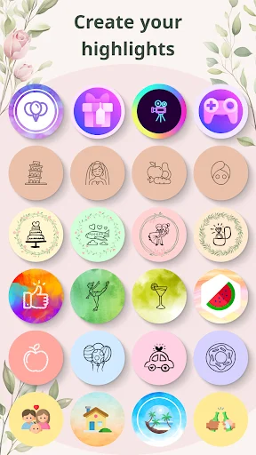 Circular highlight cover designs with various themed icons and color schemes for Instagram profile personalization