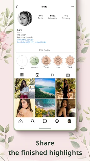 Finished Instagram highlight covers displayed on profile grid with sharing and editing options in personalization app