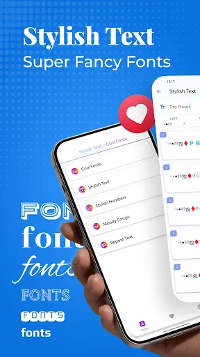 Font category menu in Stylish Text app featuring Cool Fonts, Stylish Text, Arabic Numbers, and Unique Emojis for styling