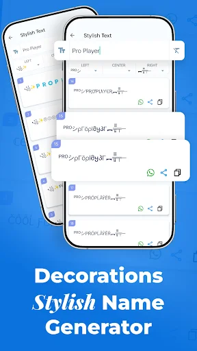 Stylish Name Generator feature showing decorated name variations with special characters and copy-share functionality