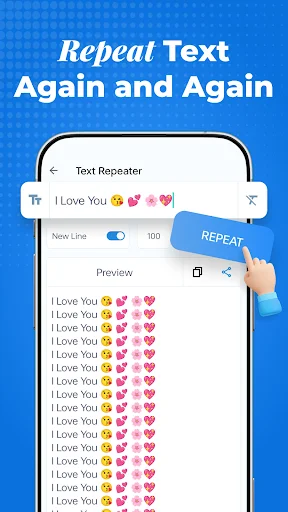 Text Repeater tool in Stylish Text app with input field, repeat button, emoji support, and preview of repeated text