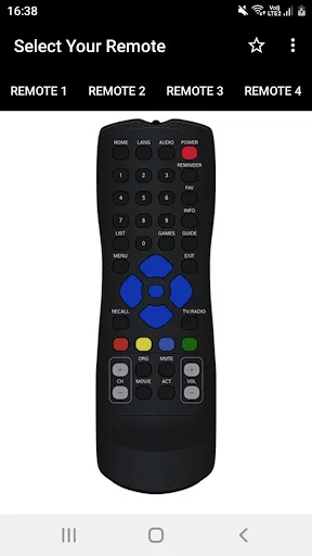 Sun Direct Remote 1 with numeric keypad, blue directional pad, red power button, and colored TV controls
