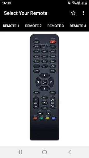 Sun Direct Remote with alphabetic keys, central OK button, directional controls, and colored buttons