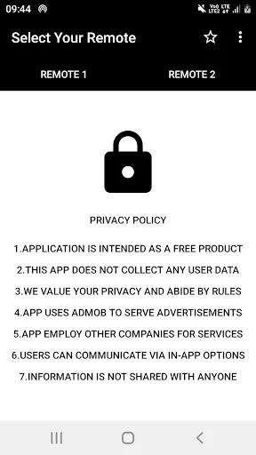 Sun Direct Remote app Privacy Policy screen displaying data usage and collection information