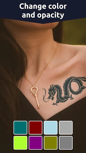 Tattoo color and opacity editor with dragon design and customizable color palette for customization