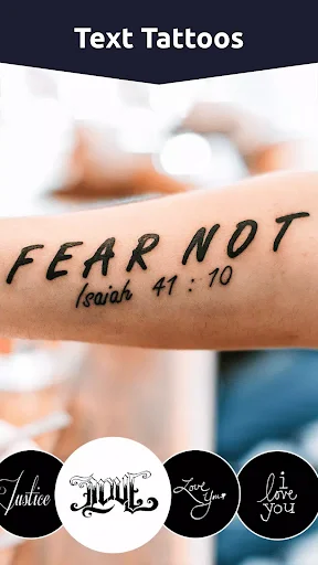Text tattoos editor with arm preview showing 'FEAR NOT' design and multiple font style selection options