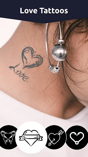 Love tattoos collection with heart-shaped designs and romantic text options displayed on neck preview