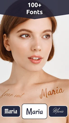 Tattoo text editor with 100+ fonts featuring 'Maria' name preview in multiple typography styles