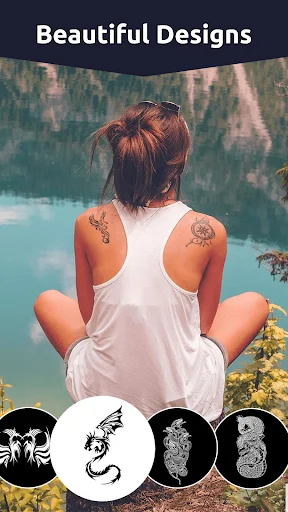 Beautiful tattoo designs featuring decorative dragon and skull artwork on female back with design carousel