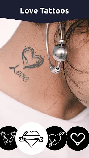 Love tattoos collection with heart-shaped designs and romantic text options displayed on neck preview
