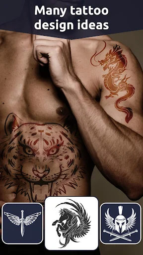 Tattoo design ideas showcase displaying dragon, tiger, and phoenix artwork on male arms for inspiration