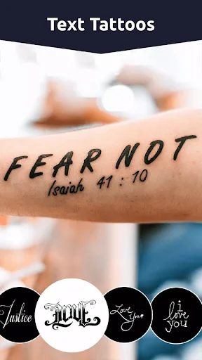 Text tattoos editor with arm preview showing 'FEAR NOT' design and multiple font style selection options