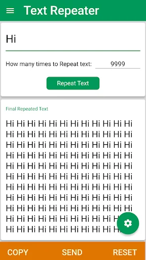 Text Repeater app repeating simple 'Hi' text 9999 times, demonstrating bulk text generation with repeat controls and action buttons