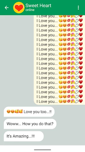 Messaging conversation showing repeated 'I Love you' messages with emojis sent to contact with emoji reaction responses